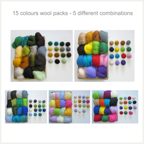 15 Colours Wool Roving Packs - 5 different combinations