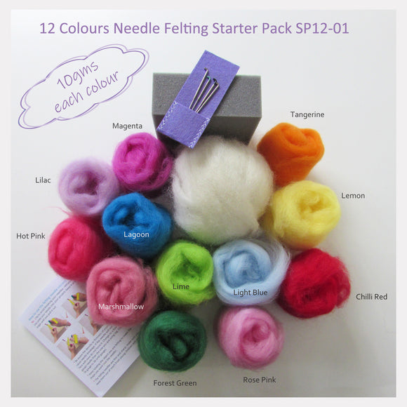 Needle Felting Starter Pack - 12 Colours pack (A popular choice for beginner)