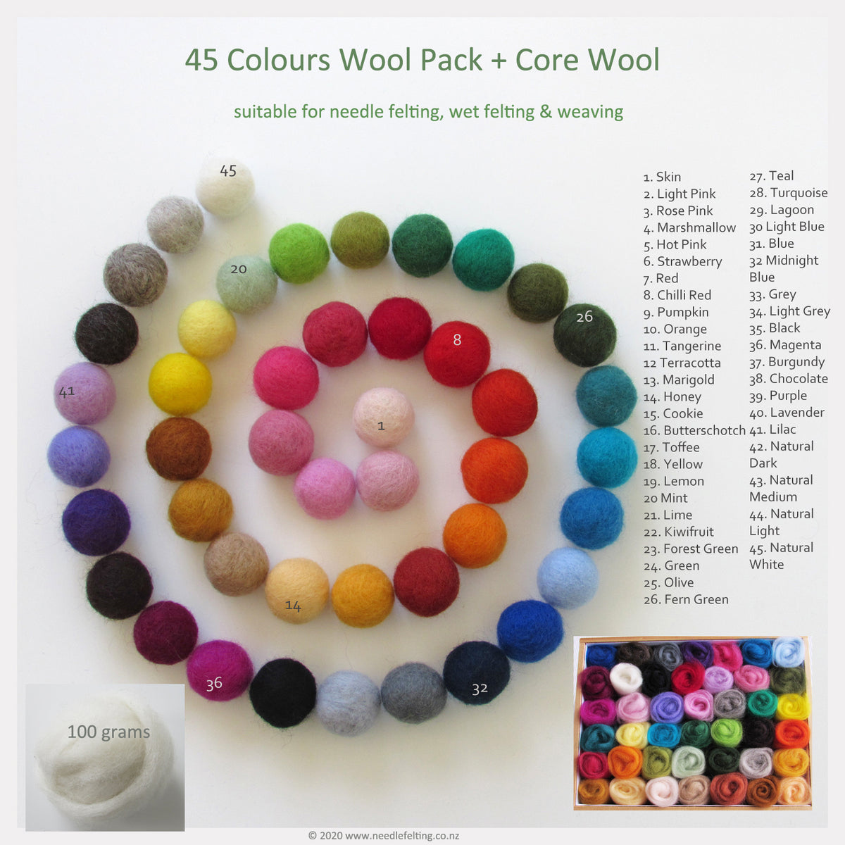 45 Colours Wool Roving Pack Suitable for Needle Felting & Wet Feltin