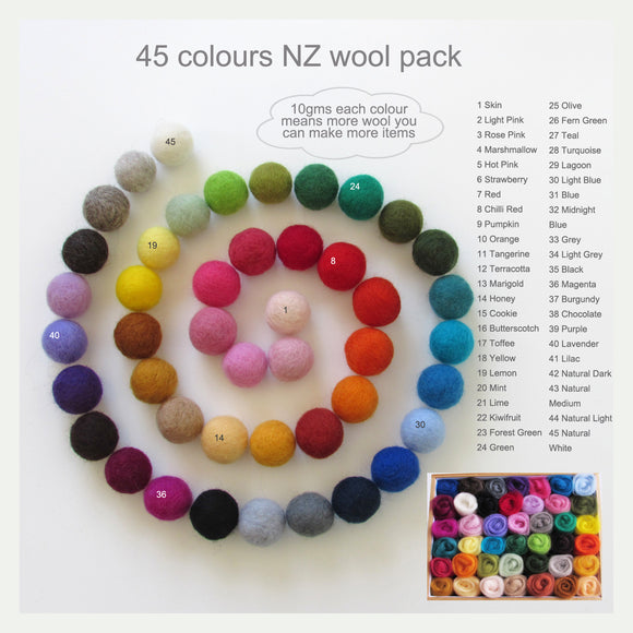 45 Colours Wool Roving Pack - Suitable for Needle Felting & Wet Felting