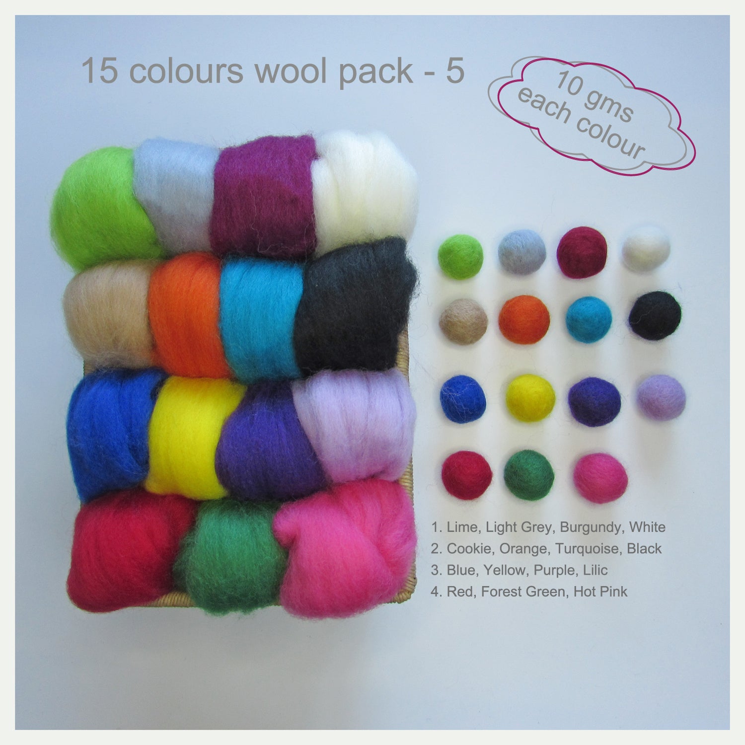 15 Colours Wool Roving Packs - 5 different combinations – felting 4 fun