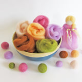 NZ wool roving, needle felting, baby mobile, weaving, Corriedale wool, felted ball garland